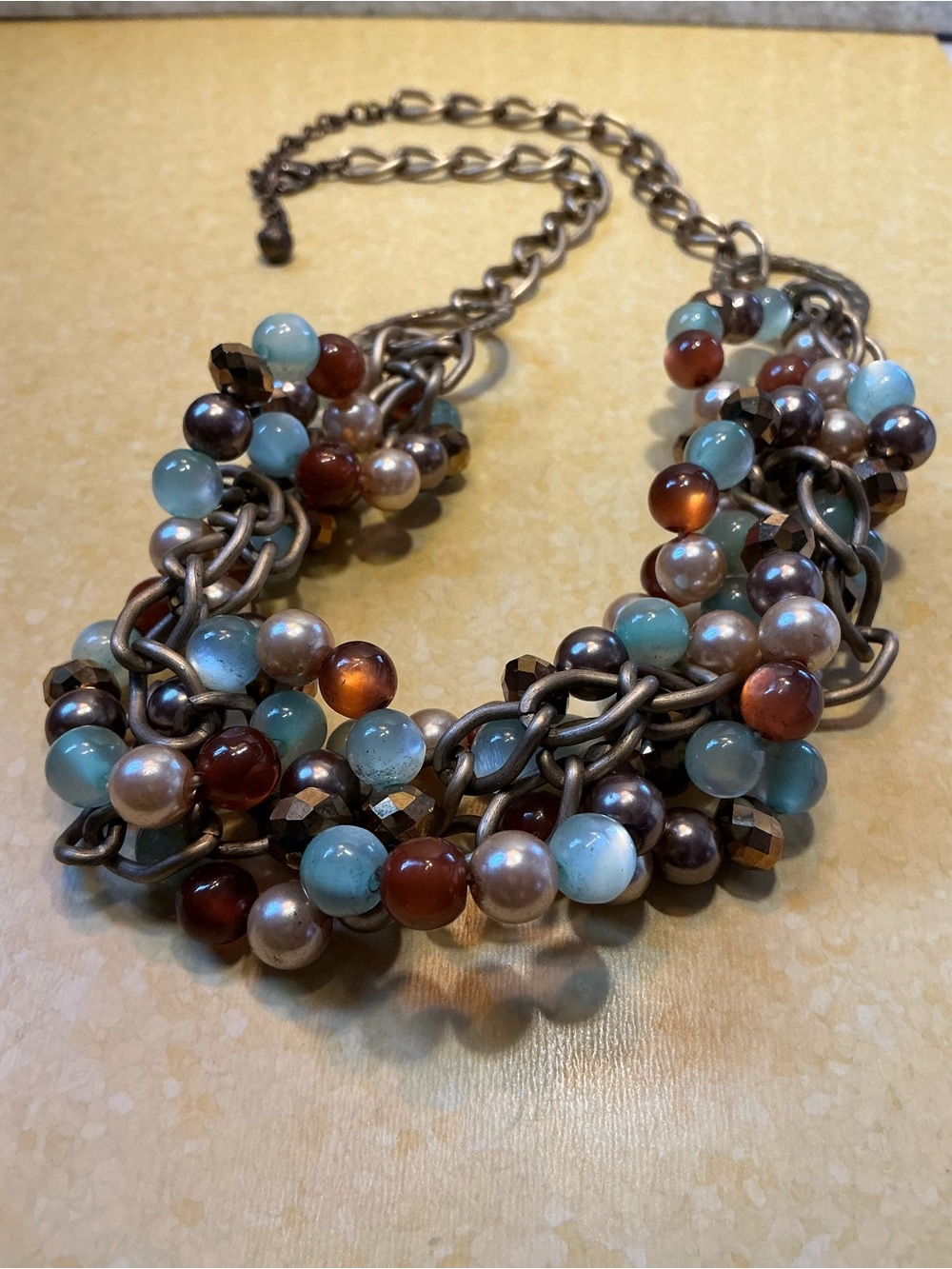Chunky Beaded Colorful Cluster Babble Copper Tone Necklace Adjustable Length